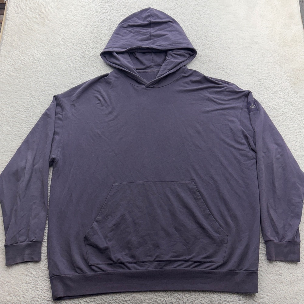 Alo Yoga Mens Purple Relaxed Fit Pullover Hoodie Kangaroo Pocket XL